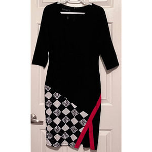 Homeyee Women's Black Red‎ White Patchwork 3/4 Sleeve Sheath Dress Size 8